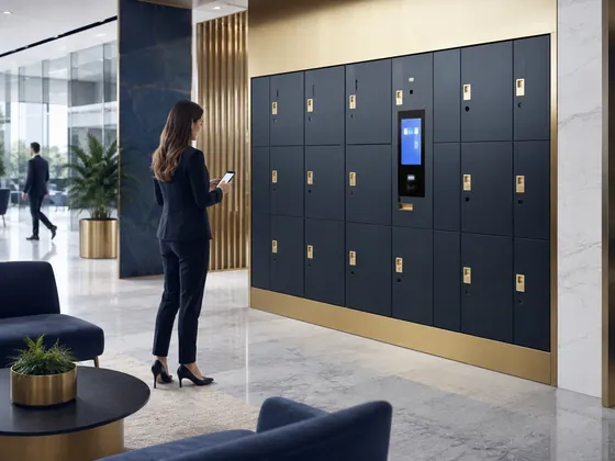 Smart locker wall with touchscreen access panel installed in a Dutch office lobby